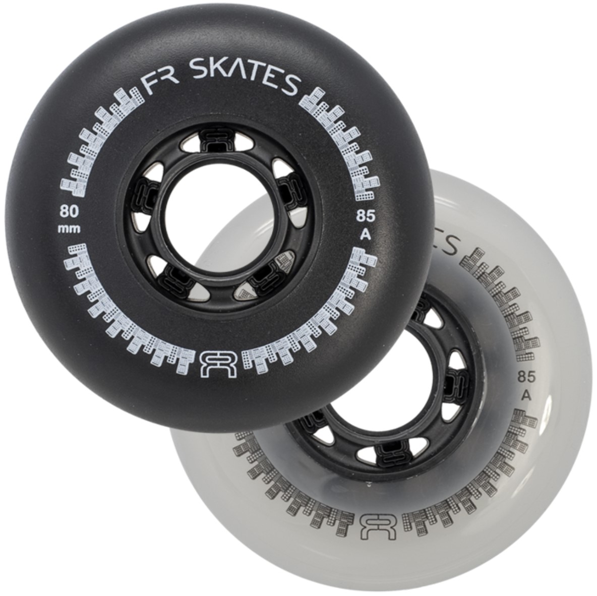 a black and a grey inline skate wheel FR downtown of 80 mm diameter and 85A durometer